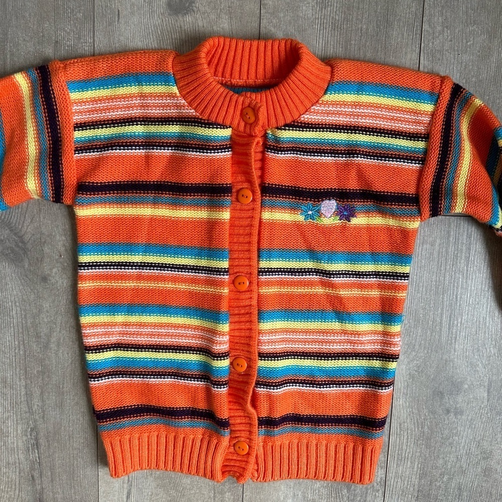 Vintage 90s Knit Cardigan Sweater Retro Floral Embroidery & Stripes Vibrant